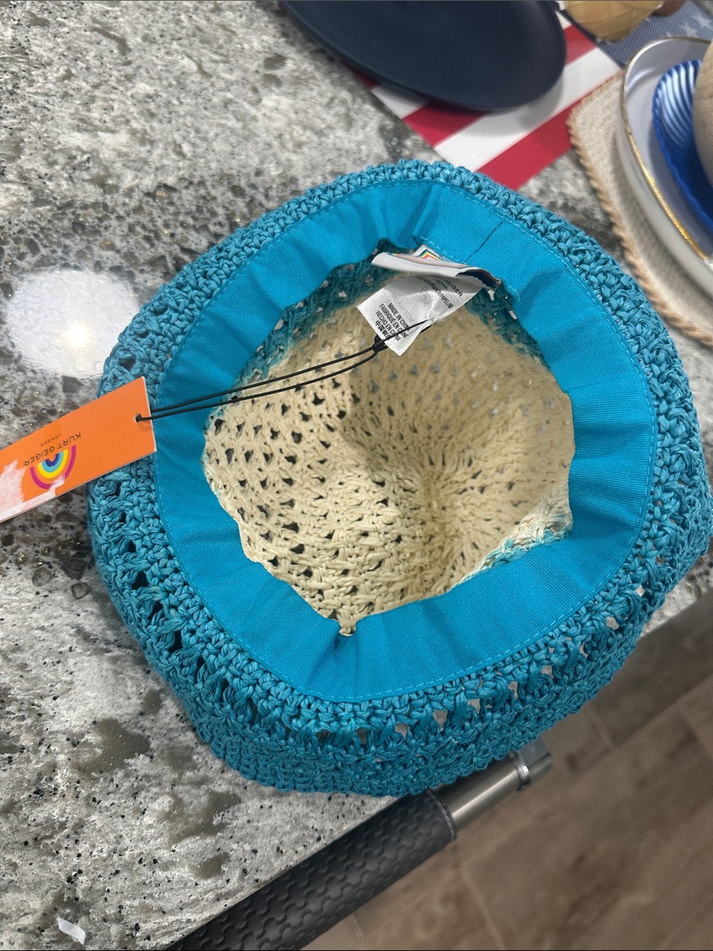 BRAND new day Cream and Teal Crochet Sun Visor Hat by Kurt Geiger - Picture 2 of 3